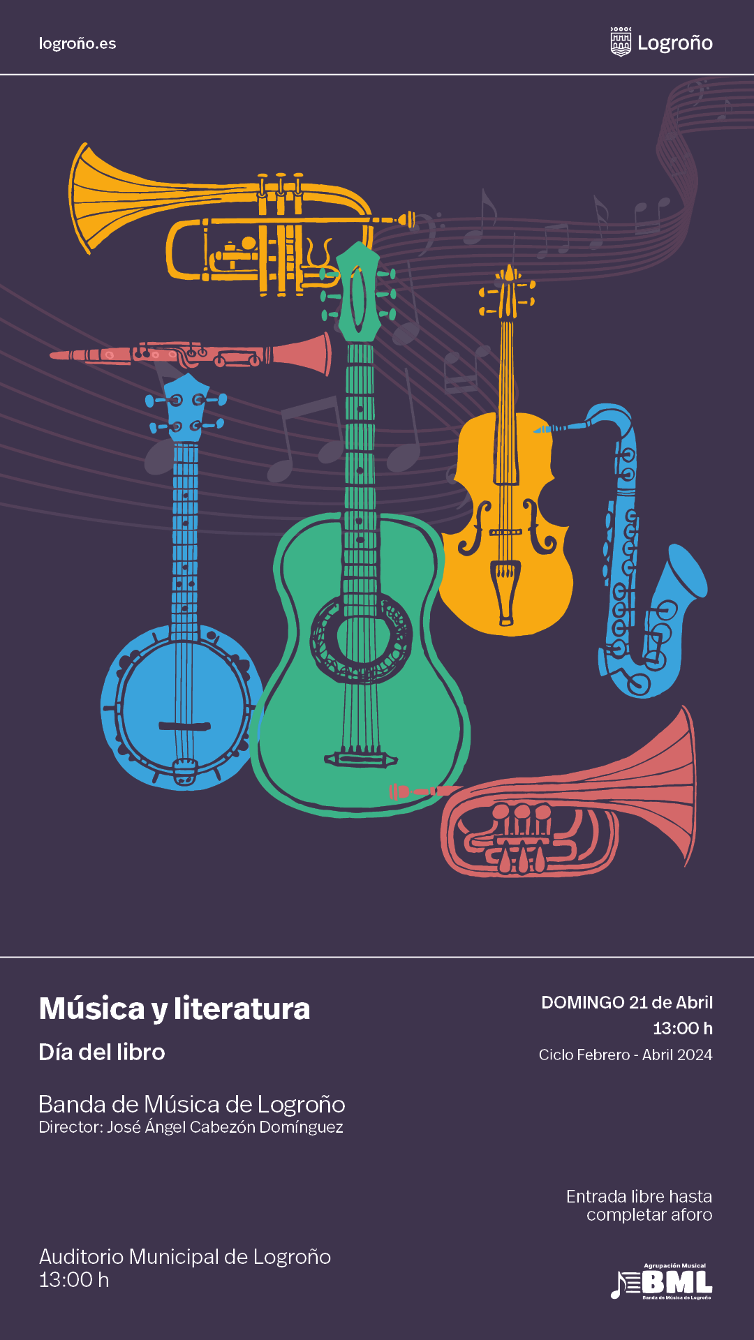 cartel del concierto de la Banda de Música de Logroño por el Día del Libro
